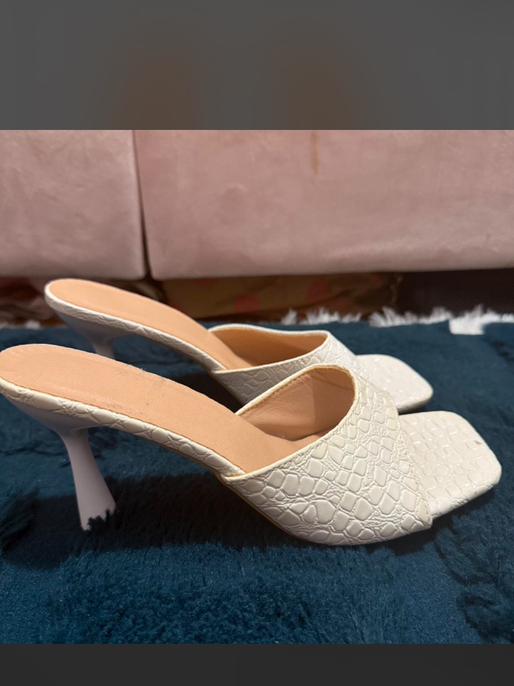 White Croc-Texture Square Toe Heel Mules